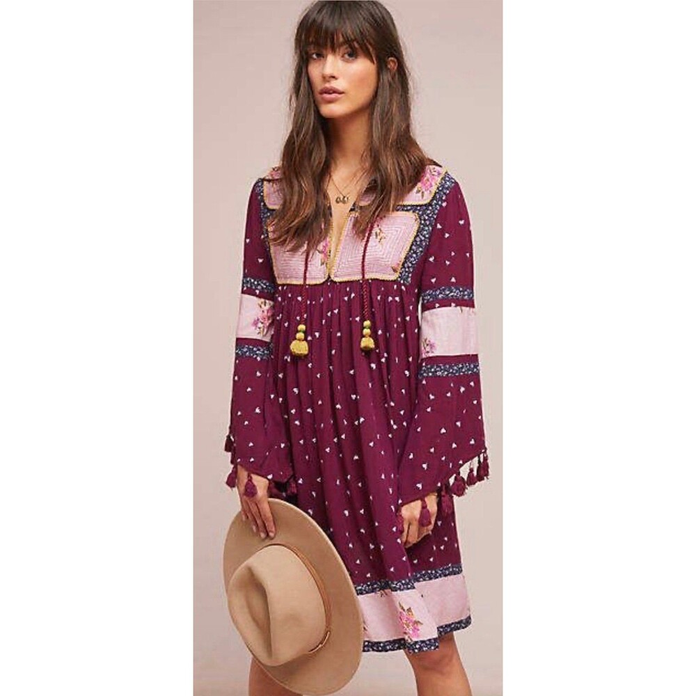 ANTHROPOLOGIE Seen Worn Kept Leavenworth Fringe Patchwork Tunic Dress Small
